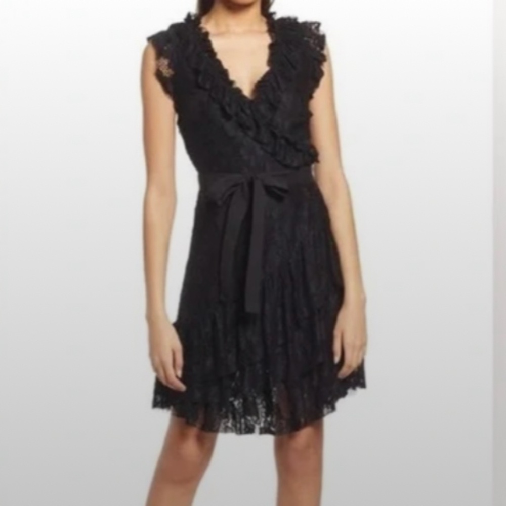 Lacey LBD - Chelsea28 Black Lace Cocktail Dress with Ruffles - M